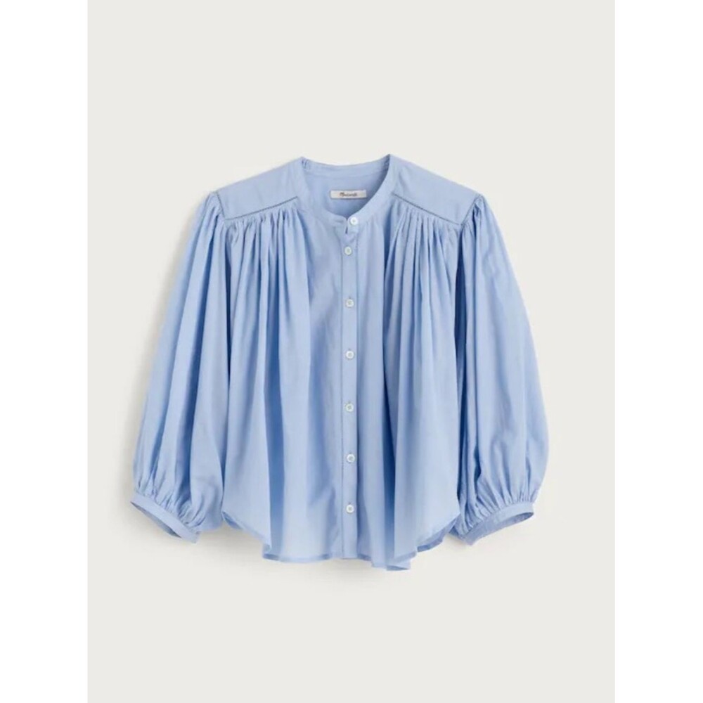 Madewell Shirred Crewneck Button-Up Top Women’s Medium Tranquil Blue Lightweight - Picture 5 of 10